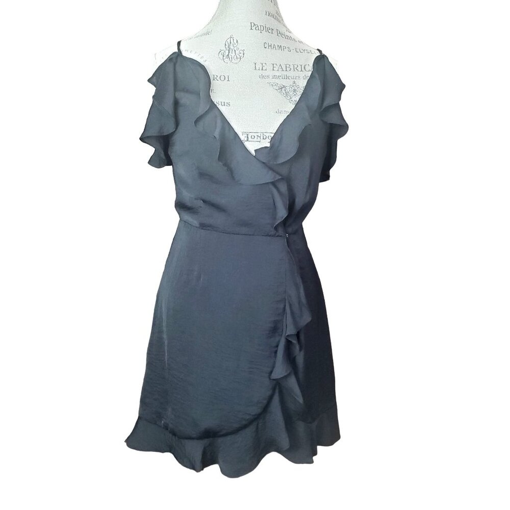 LUCCA Womens Wrap Tunic Dress SZ M Black Ruffle Strappy Slub Flowy V-Neck